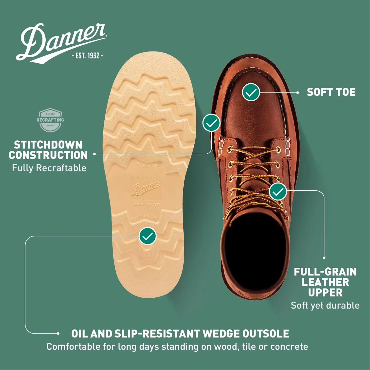 Danner 6 Bull Run Moc Toe Work Boots for Men - Oiled Full-Grain Leather Upper with Non Slip Wedge Outsole and 3-Density Cushion Footbed, EH Resistant