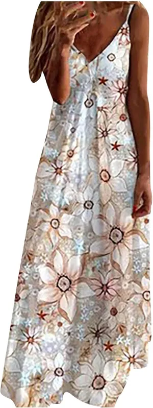 Deals of The Day Clearance Prime Women's Summer Spaghetti Strap Elegant Long Dresses Plus Size Vacation Flowy Beach Dress Loose Floor Length Dress Dresses for Women 2024 Casual White M