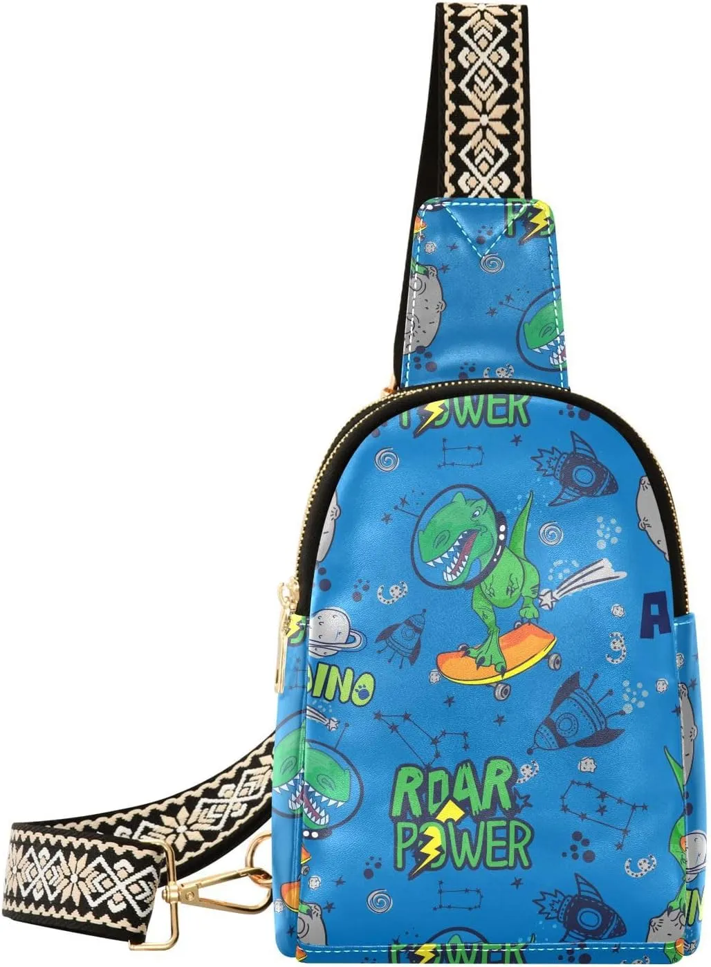 Dinosaurs in Space Fanny Pack Crossbody PC Leather Small Sling Bag for Women Hand Drawn Fashion Waist Packs Chest Bag for Travel Sports Running Hiking