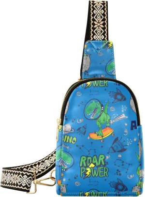 Dinosaurs in Space Fanny Pack Crossbody PC Leather Small Sling Bag for Women Hand Drawn Fashion Waist Packs Chest Bag for Travel Sports Running Hiking