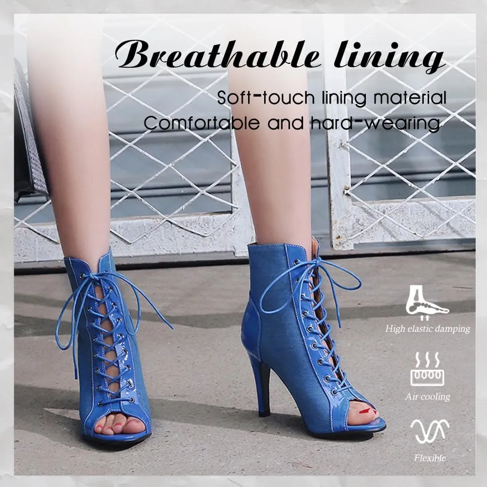 DKZSYIM Open Toe Dance Boots Women Latin Salsa Ballroom Lace-up Ankle Dance Shoes,Model DS-B53