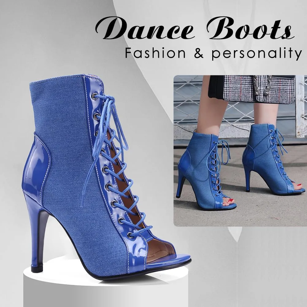 DKZSYIM Open Toe Dance Boots Women Latin Salsa Ballroom Lace-up Ankle Dance Shoes,Model DS-B53