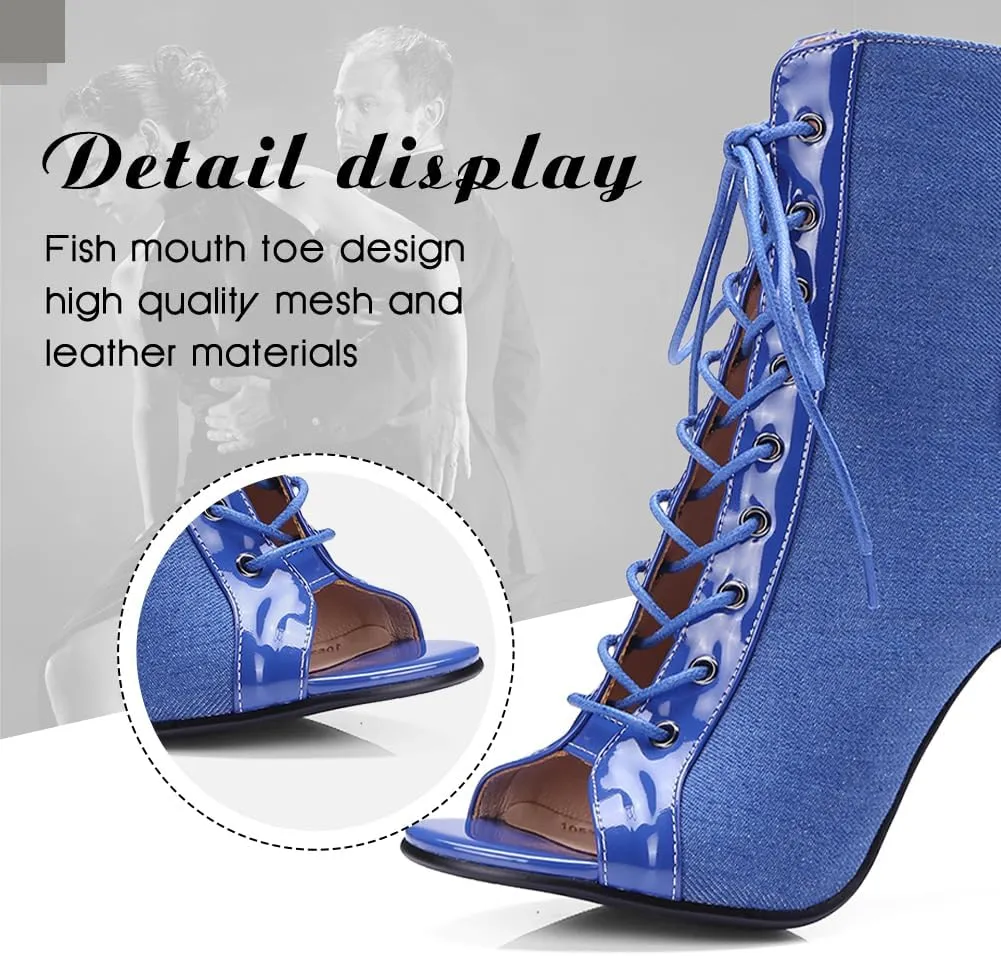 DKZSYIM Open Toe Dance Boots Women Latin Salsa Ballroom Lace-up Ankle Dance Shoes,Model DS-B53
