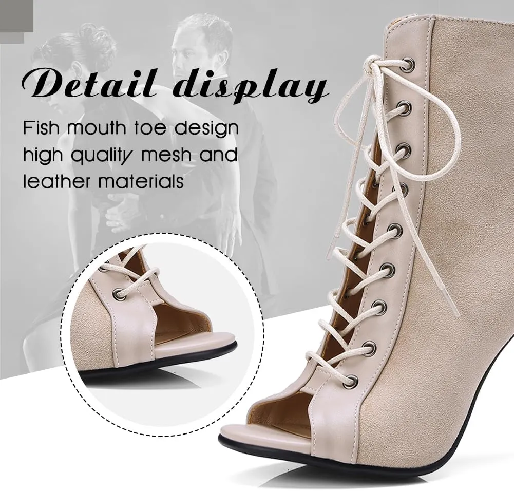 DKZSYIM Open Toe Dance Boots Women Latin Salsa Ballroom Lace-up Ankle Dance Shoes,Model DS-B53