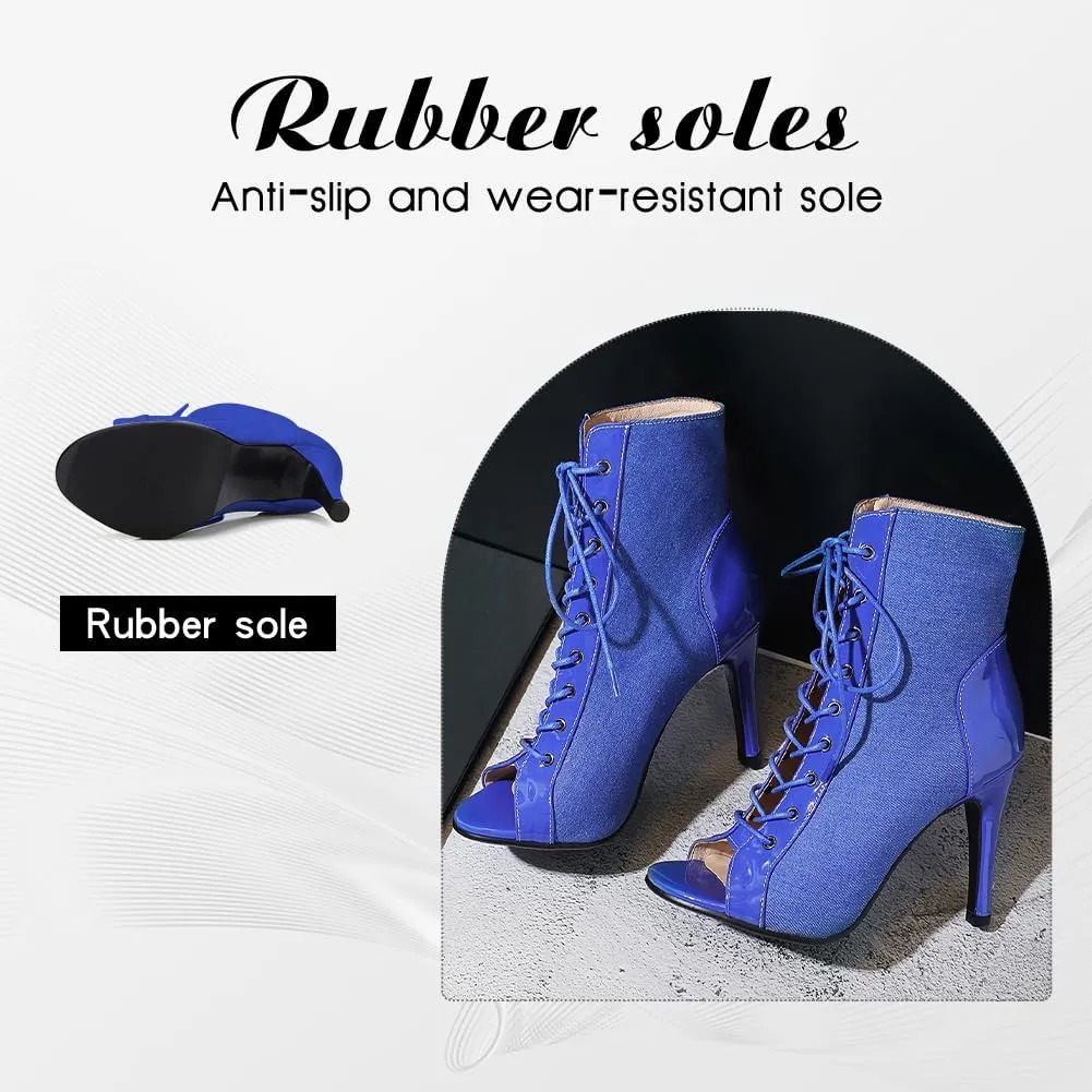 DKZSYIM Open Toe Dance Boots Women Latin Salsa Ballroom Lace-up Ankle Dance Shoes,Model DS-B53