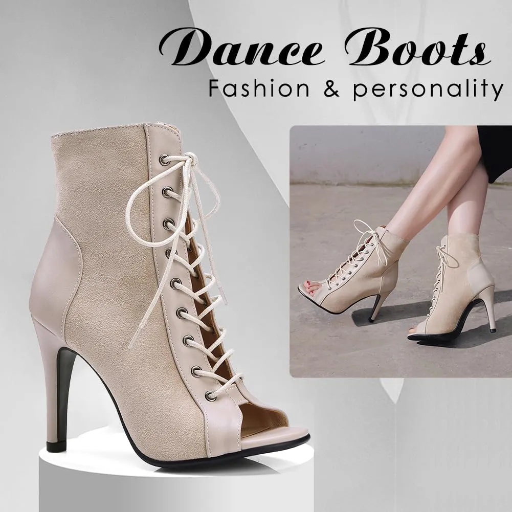 DKZSYIM Open Toe Dance Boots Women Latin Salsa Ballroom Lace-up Ankle Dance Shoes,Model DS-B53