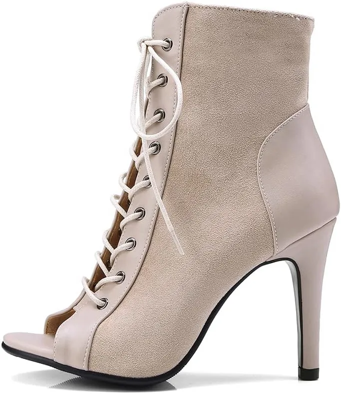 DKZSYIM Open Toe Dance Boots Women Latin Salsa Ballroom Lace-up Ankle Dance Shoes,Model DS-B53