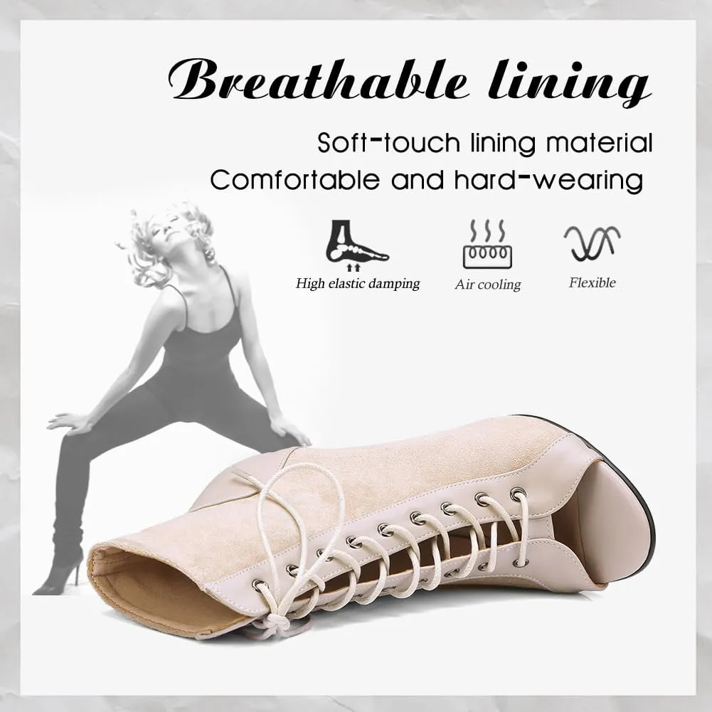 DKZSYIM Open Toe Dance Boots Women Latin Salsa Ballroom Lace-up Ankle Dance Shoes,Model DS-B53