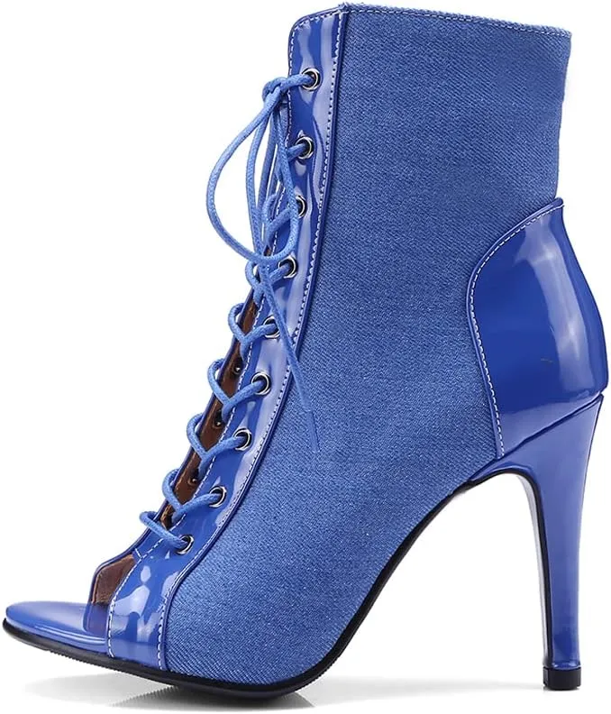 DKZSYIM Open Toe Dance Boots Women Latin Salsa Ballroom Lace-up Ankle Dance Shoes,Model DS-B53