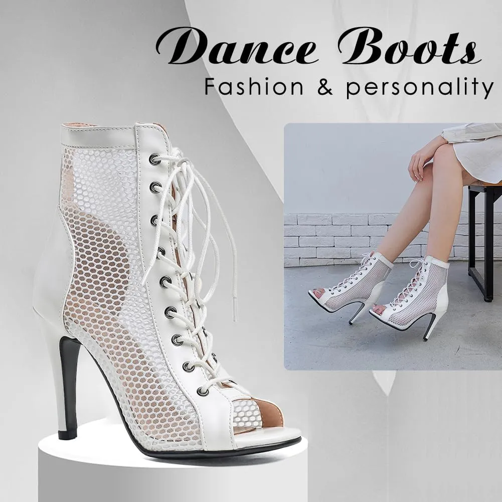 DKZSYIM Open Toe Dance Boots Women Latin Salsa Ballroom Lace-up Ankle Dance Shoes,Model DS-B55