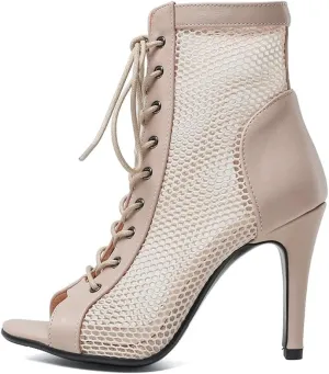 DKZSYIM Open Toe Dance Boots Women Latin Salsa Ballroom Lace-up Ankle Dance Shoes,Model DS-B55