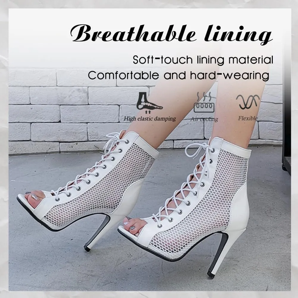 DKZSYIM Open Toe Dance Boots Women Latin Salsa Ballroom Lace-up Ankle Dance Shoes,Model DS-B55