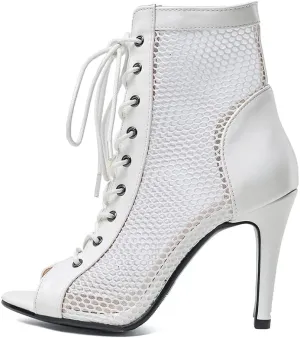 DKZSYIM Open Toe Dance Boots Women Latin Salsa Ballroom Lace-up Ankle Dance Shoes,Model DS-B55
