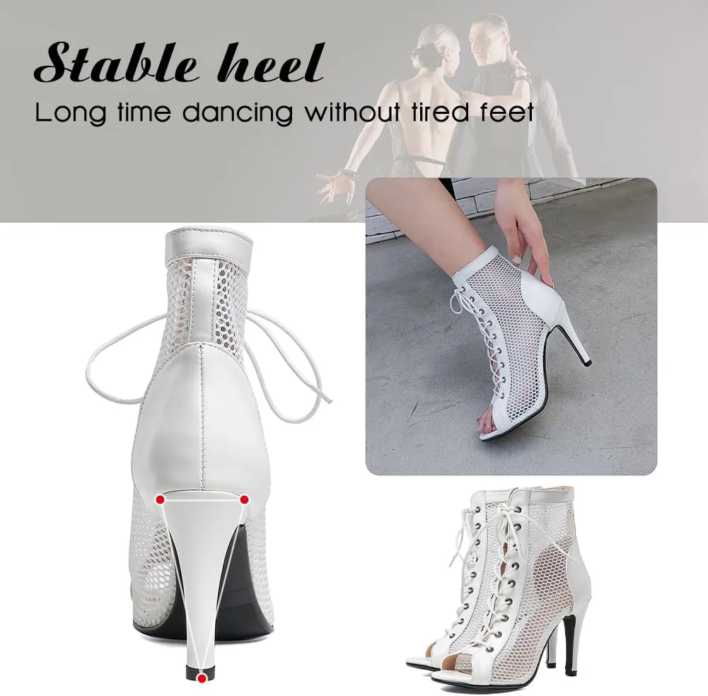 DKZSYIM Open Toe Dance Boots Women Latin Salsa Ballroom Lace-up Ankle Dance Shoes,Model DS-B55