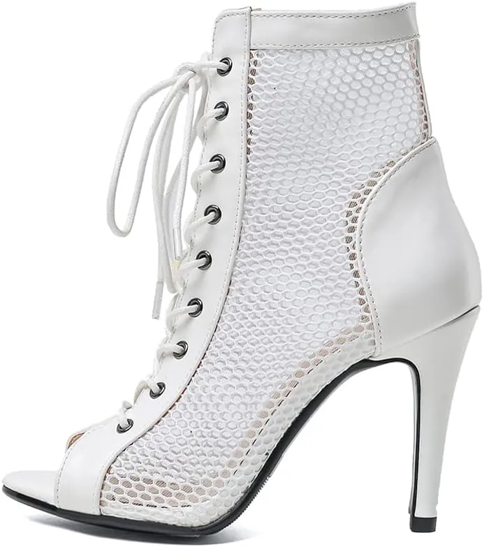 DKZSYIM Open Toe Dance Boots Women Latin Salsa Ballroom Lace-up Ankle Dance Shoes,Model DS-B55