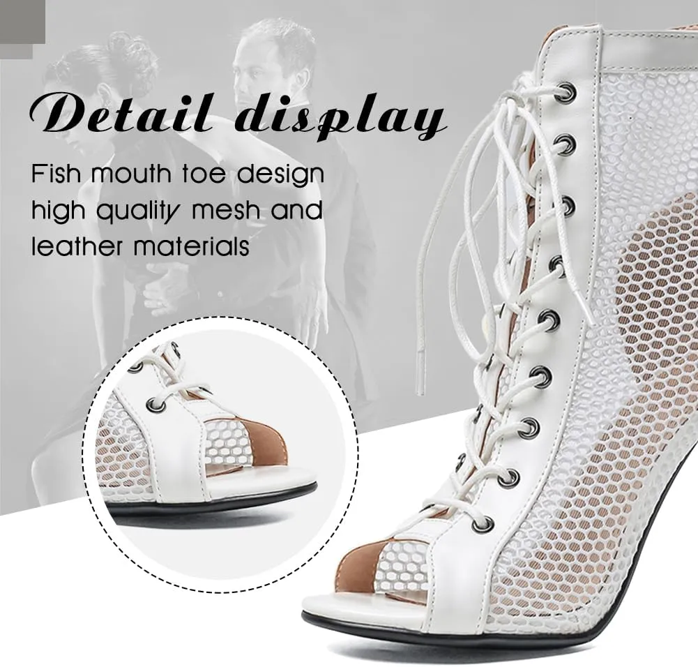 DKZSYIM Open Toe Dance Boots Women Latin Salsa Ballroom Lace-up Ankle Dance Shoes,Model DS-B55