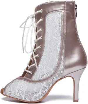 DKZSYIM Open Toe Dance Boots Women Latin Salsa Ballroom Lace-up Ankle Dance Shoes,Model YCL563