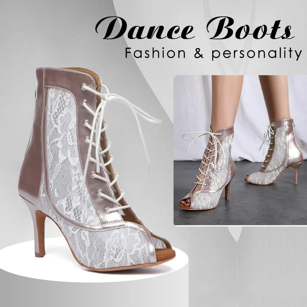 DKZSYIM Open Toe Dance Boots Women Latin Salsa Ballroom Lace-up Ankle Dance Shoes,Model YCL563