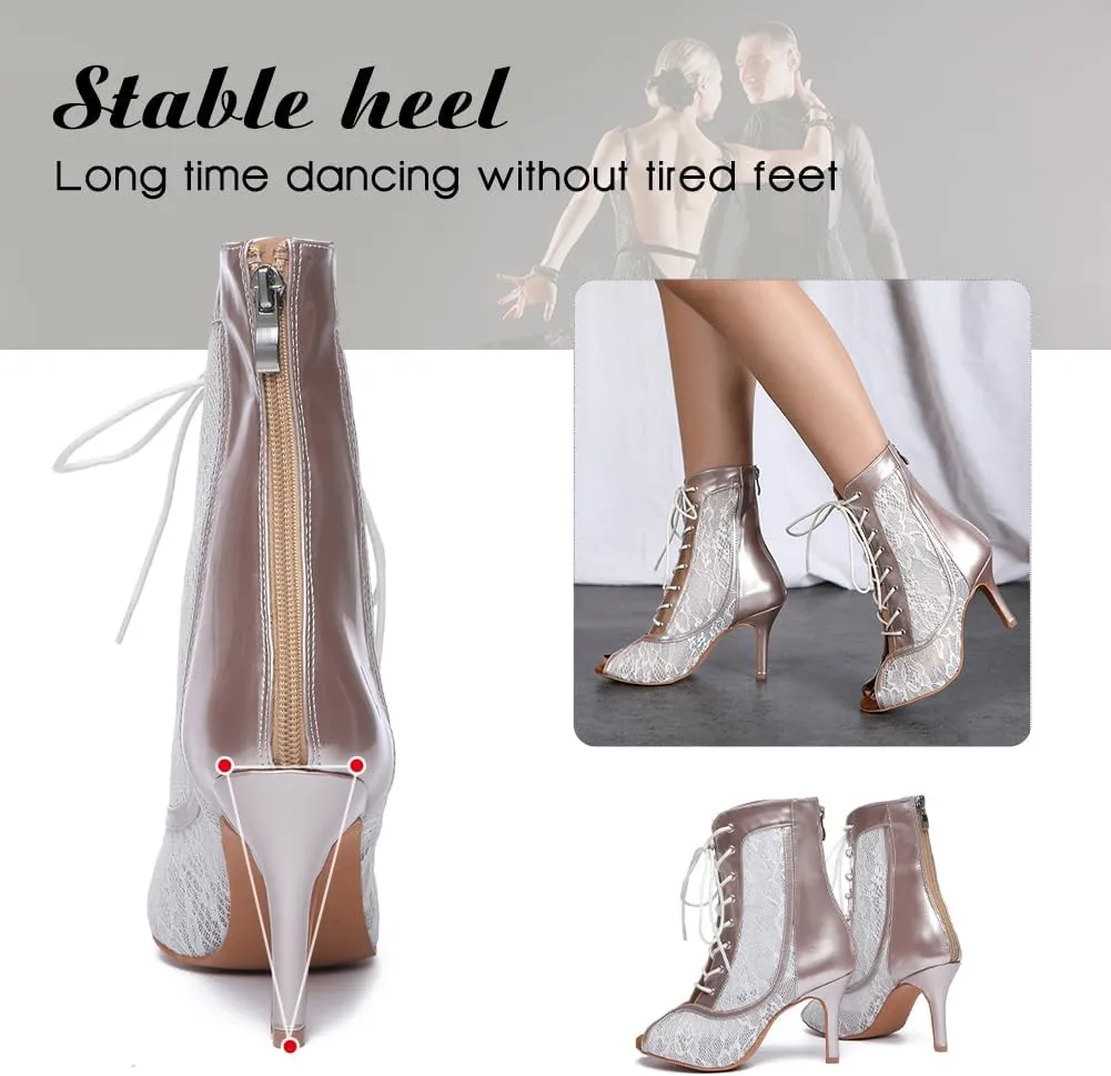 DKZSYIM Open Toe Dance Boots Women Latin Salsa Ballroom Lace-up Ankle Dance Shoes,Model YCL563