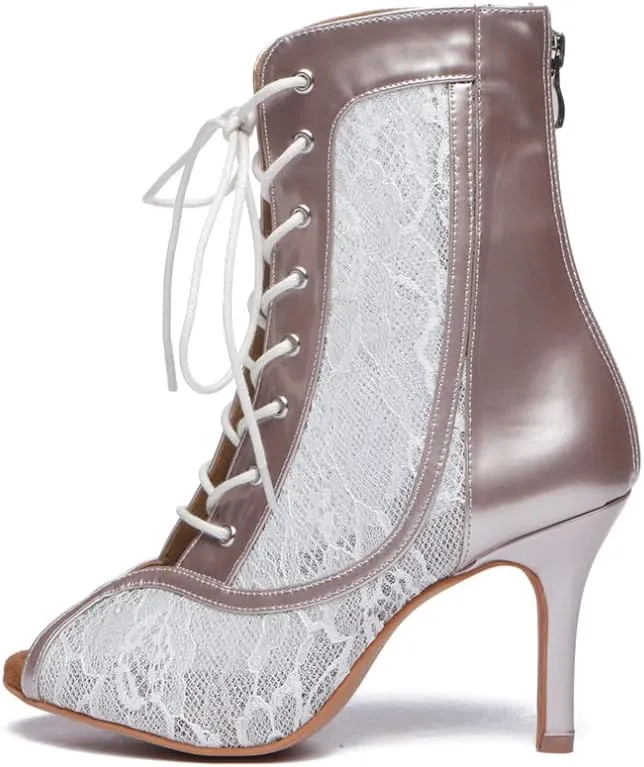 DKZSYIM Open Toe Dance Boots Women Latin Salsa Ballroom Lace-up Ankle Dance Shoes,Model YCL563
