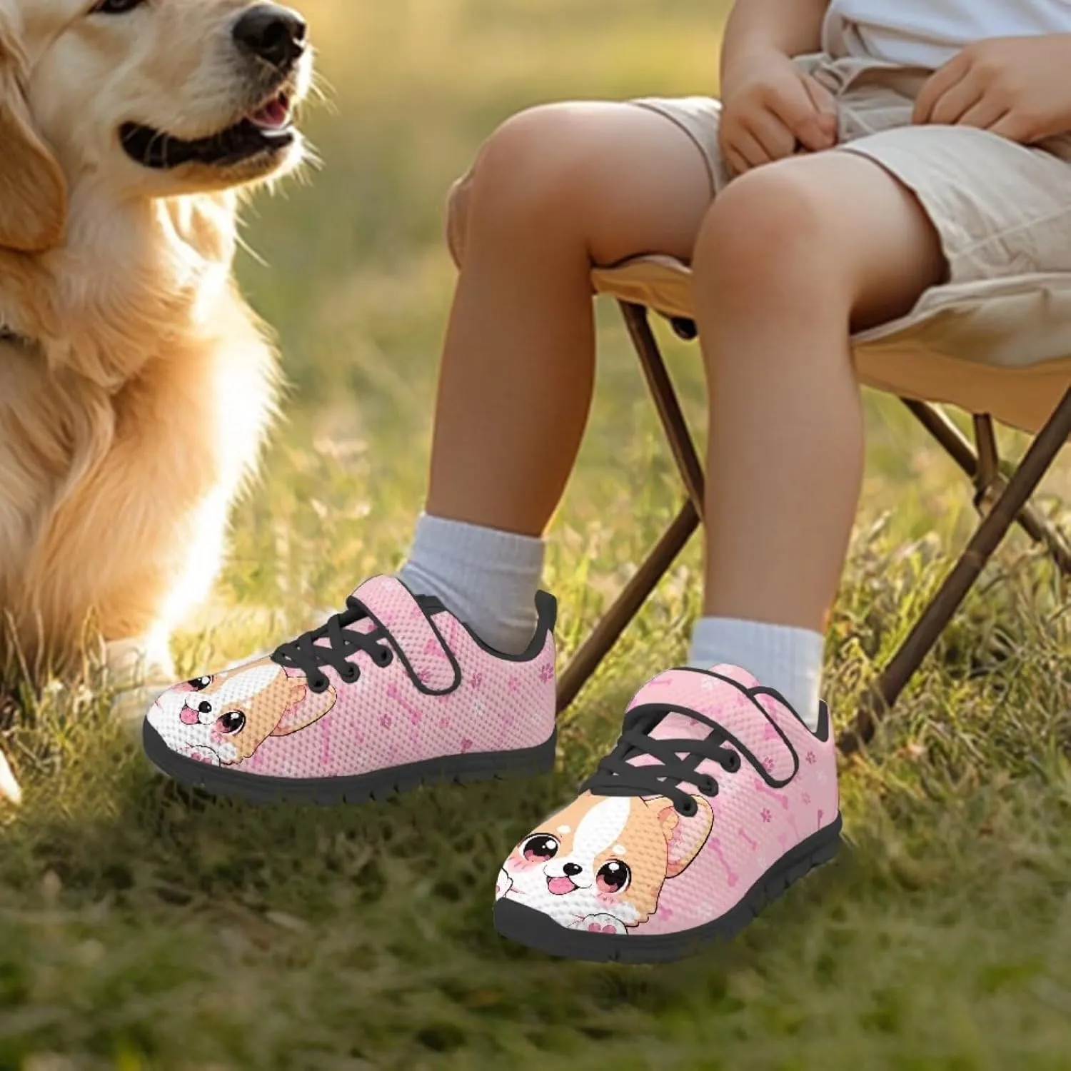Dog Print Tennis Shoes with Hook & Loop for Kids Non Slip Breathable Strap Athletic Running Shoes for Walking