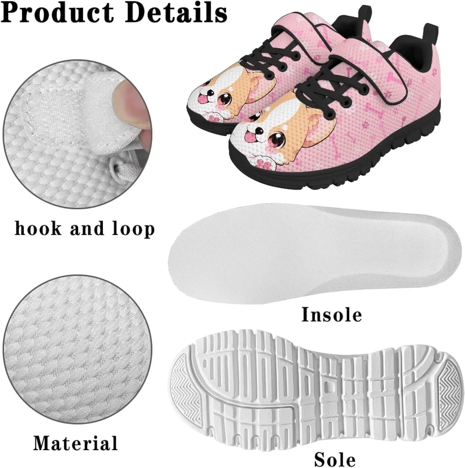 Dog Print Tennis Shoes with Hook & Loop for Kids Non Slip Breathable Strap Athletic Running Shoes for Walking