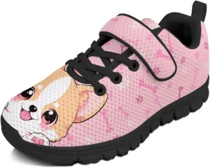 Dog Print Tennis Shoes with Hook & Loop for Kids Non Slip Breathable Strap Athletic Running Shoes for Walking