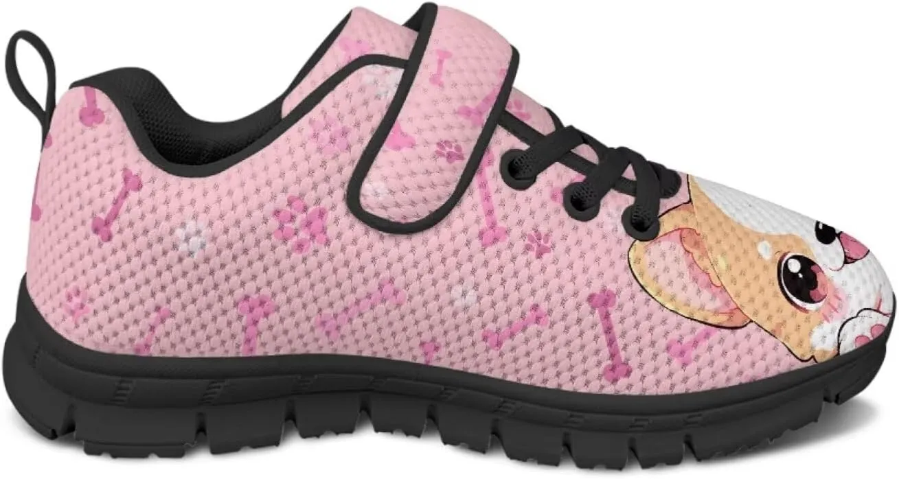 Dog Print Tennis Shoes with Hook & Loop for Kids Non Slip Breathable Strap Athletic Running Shoes for Walking