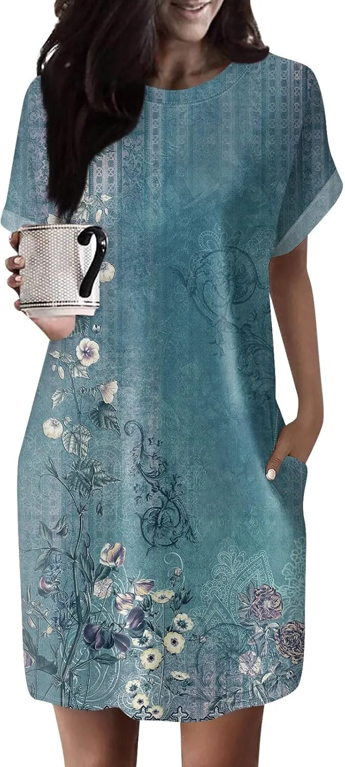 DPKLAD Womens Casual Summer T Shirt Dress Loose Short Sleeve Tunic Dress with Pocket for Women