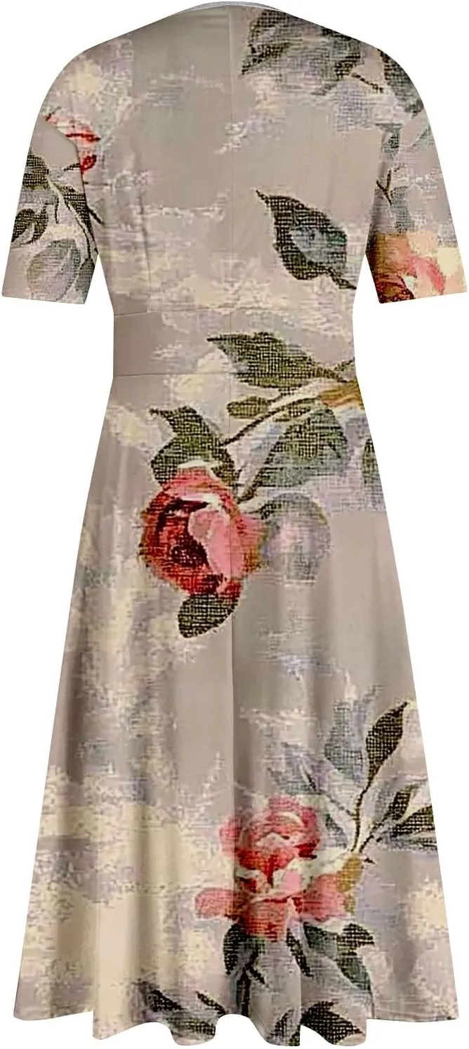 Dresses for Women Casual Floral Printed Oversize Maxi Dress Casual V Neck Short Sleeve Comfy Swing Sundress