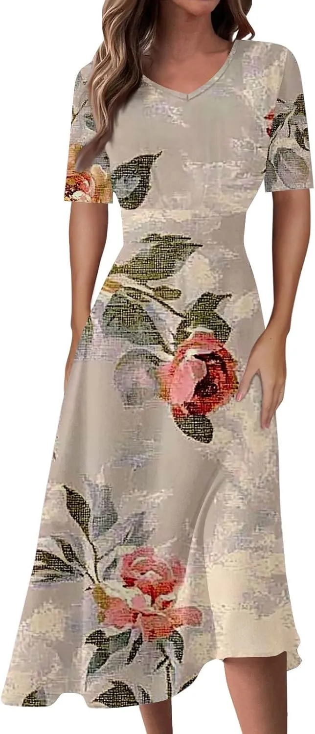 Dresses for Women Casual Floral Printed Oversize Maxi Dress Casual V Neck Short Sleeve Comfy Swing Sundress
