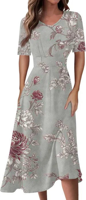Dresses for Women Casual Floral Printed Oversize Maxi Dress Casual V Neck Short Sleeve Comfy Swing Sundress