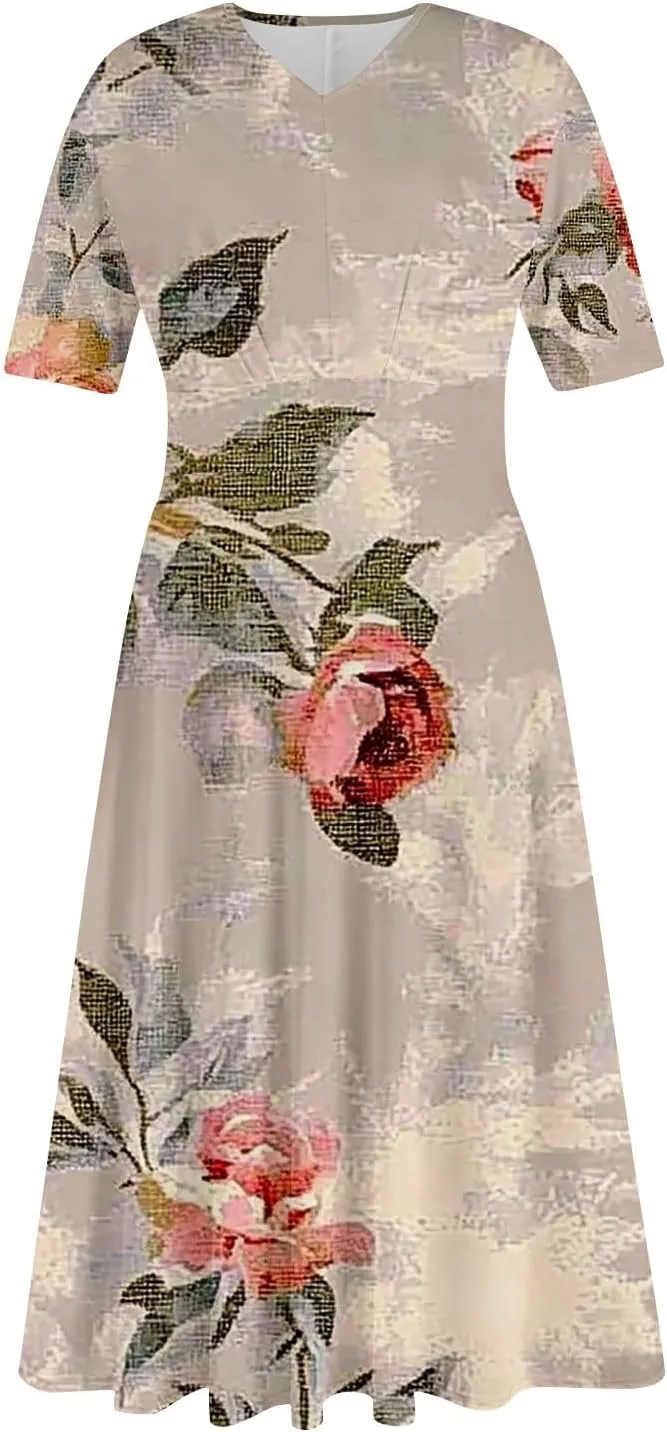 Dresses for Women Casual Floral Printed Oversize Maxi Dress Casual V Neck Short Sleeve Comfy Swing Sundress