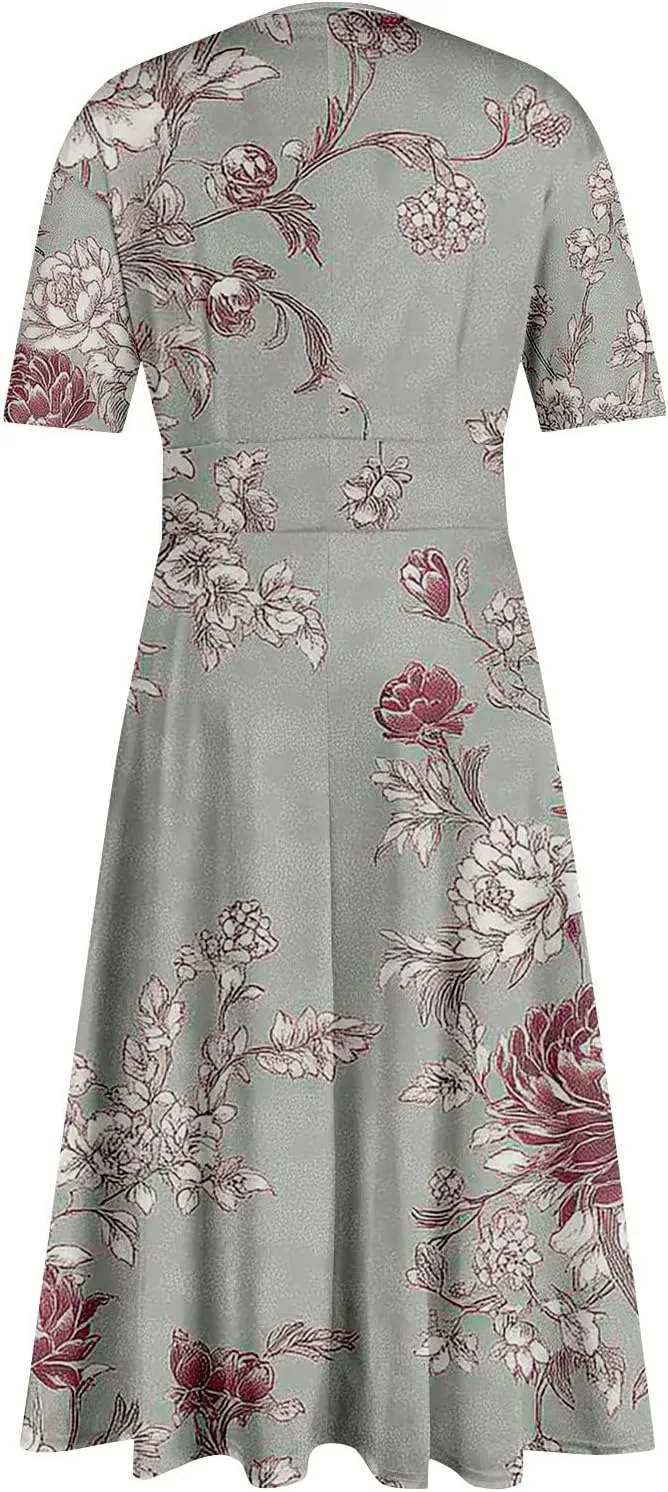 Dresses for Women Casual Floral Printed Oversize Maxi Dress Casual V Neck Short Sleeve Comfy Swing Sundress