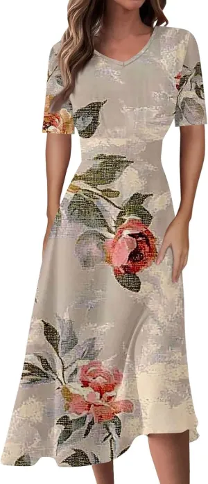 Dresses for Women Casual Floral Printed Oversize Maxi Dress Casual V Neck Short Sleeve Comfy Swing Sundress