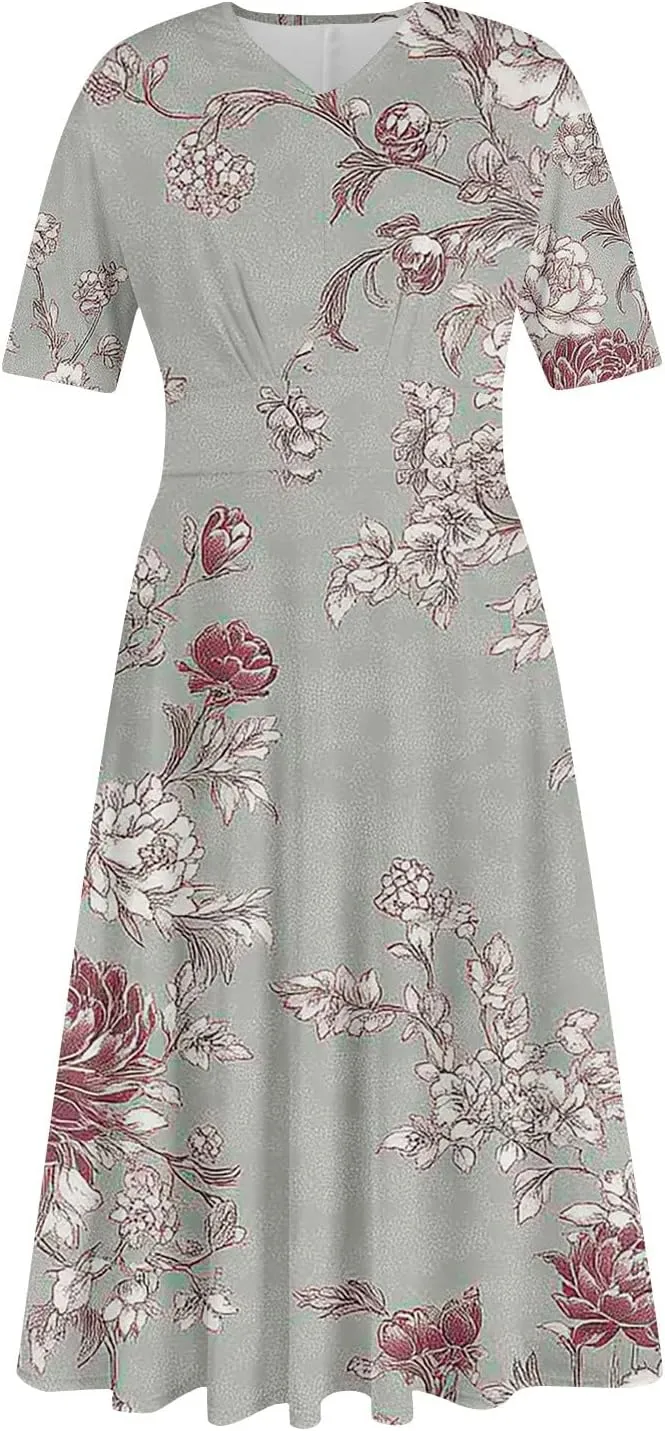 Dresses for Women Casual Floral Printed Oversize Maxi Dress Casual V Neck Short Sleeve Comfy Swing Sundress