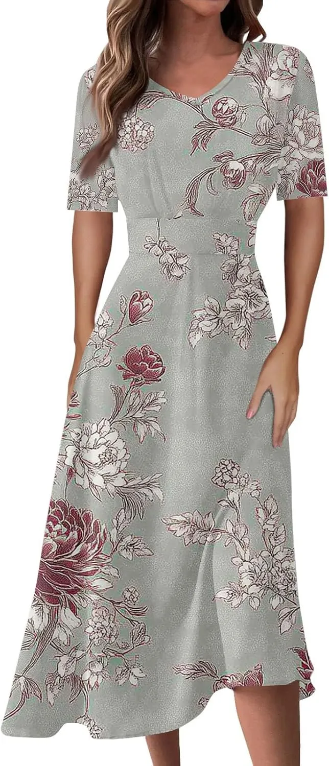 Dresses for Women Casual Floral Printed Oversize Maxi Dress Casual V Neck Short Sleeve Comfy Swing Sundress