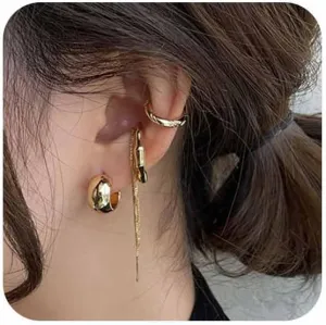 Ear Cuff Earrings for Women 14K Gold Plated Tassel Hoop Ear Cuffs Non Piercing Hoop Stud Earrings