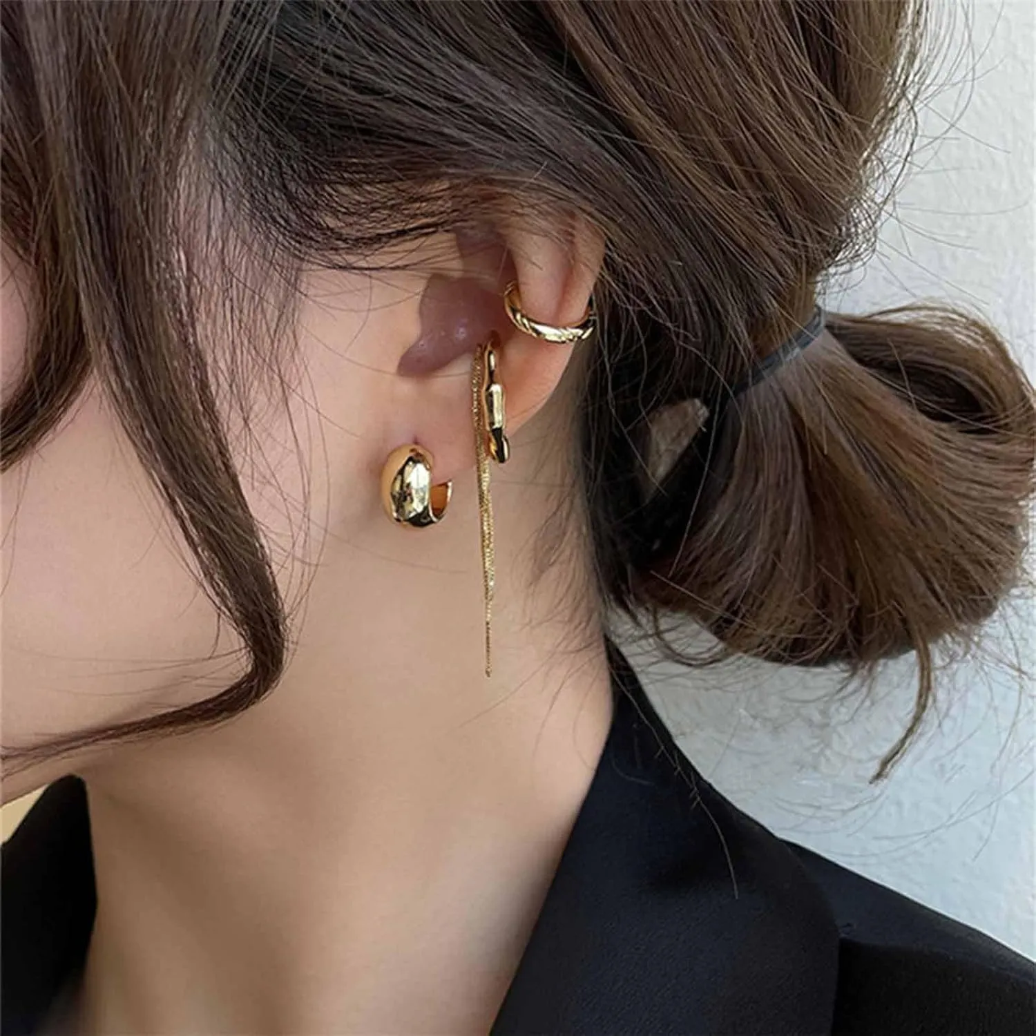 Ear Cuff Earrings for Women 14K Gold Plated Tassel Hoop Ear Cuffs Non Piercing Hoop Stud Earrings