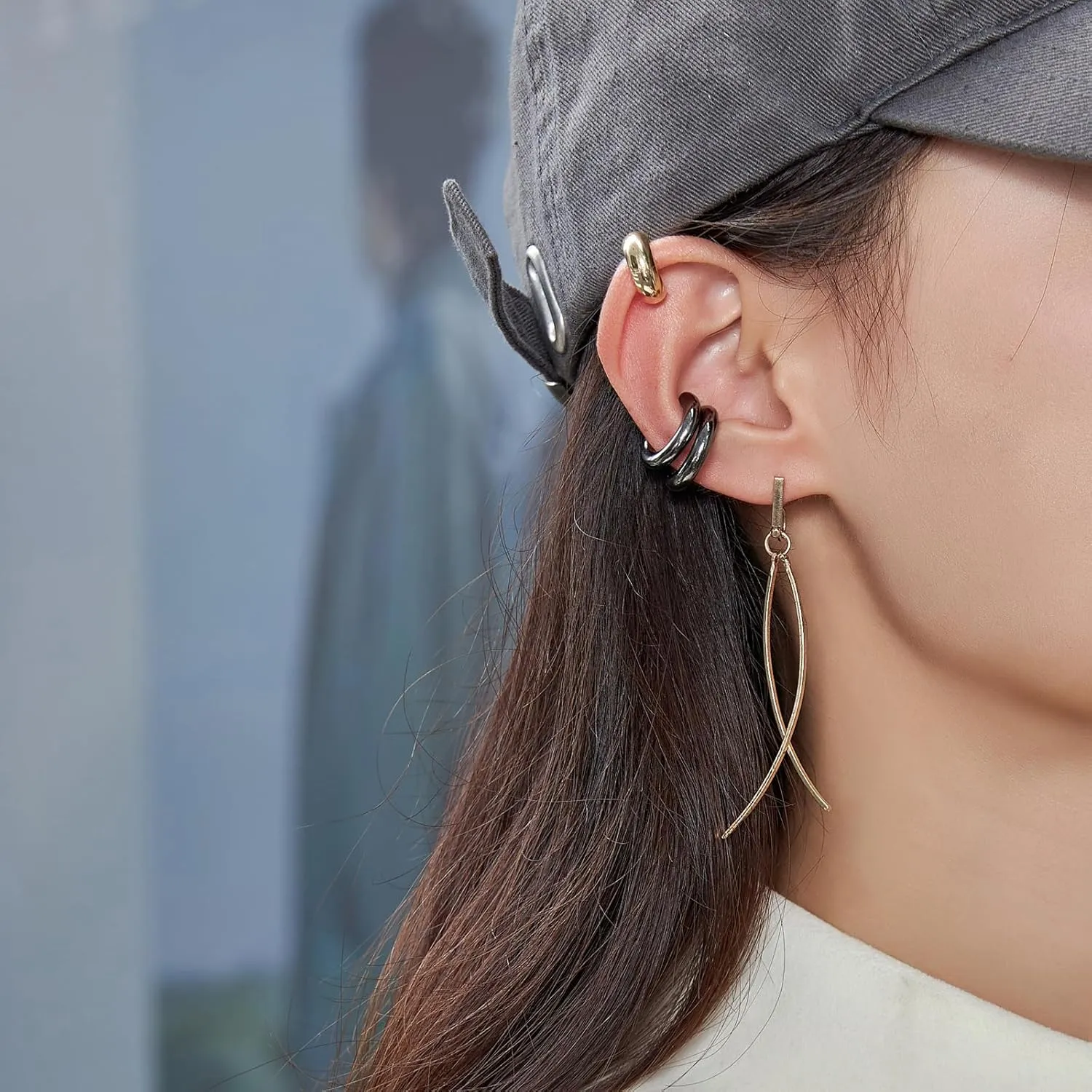 Ear Cuffs for Women,Ear Cuff, Chunky Huggie Hoop Earrings,Cartilage Upper Non Piercing,14k Gold and Silver Set 2pcs