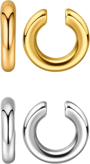 Ear Cuffs for Women,Ear Cuff, Chunky Huggie Hoop Earrings,Cartilage Upper Non Piercing,14k Gold and Silver Set 2pcs