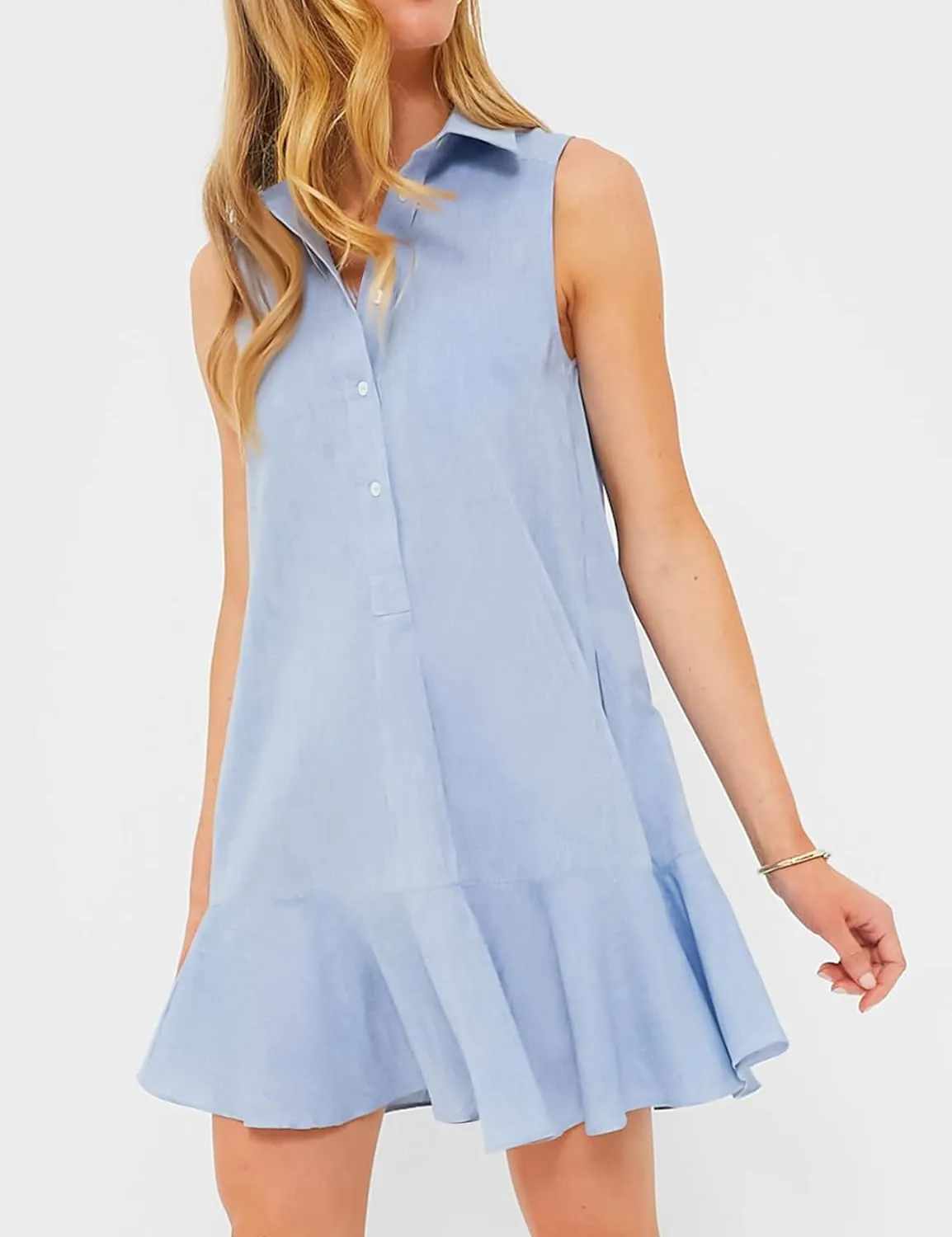 Eisctnd Womens Sleeveless Shirt Dress 2025 Ruffle Hem Cotton Tunic Tank Dress with Pocket Button Up Swing Shift Mini Dresses