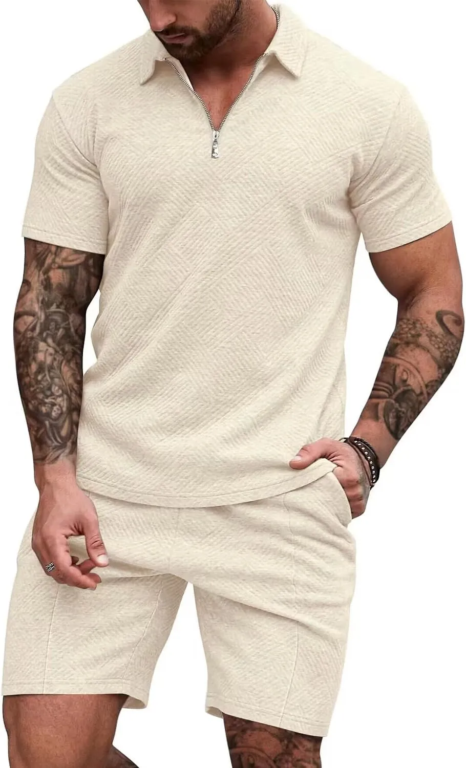 EISHOPEER Men's Polo Shirt and Shorts Set Fashion Zipper 2 Pieces Outfits
