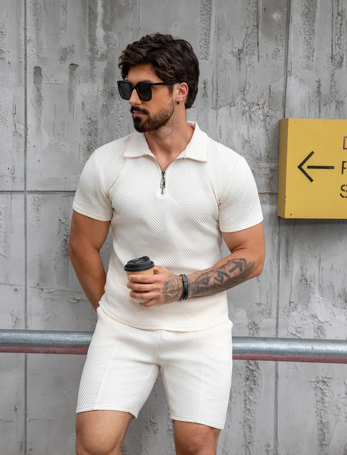 EISHOPEER Men's Polo Shirt and Shorts Set Fashion Zipper 2 Pieces Outfits