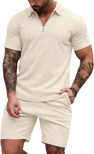 EISHOPEER Men's Polo Shirt and Shorts Set Fashion Zipper 2 Pieces Outfits