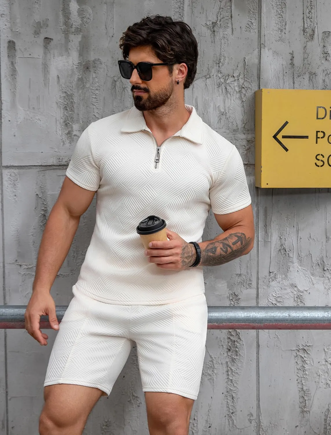 EISHOPEER Men's Polo Shirt and Shorts Set Fashion Zipper 2 Pieces Outfits
