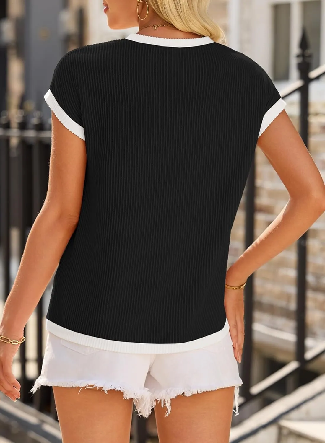 EVALESS Women's Short Sleeve T Shirts Crewneck Color Block Ribbed Knit Tee Blouses 2025 Trendy Summer Tops