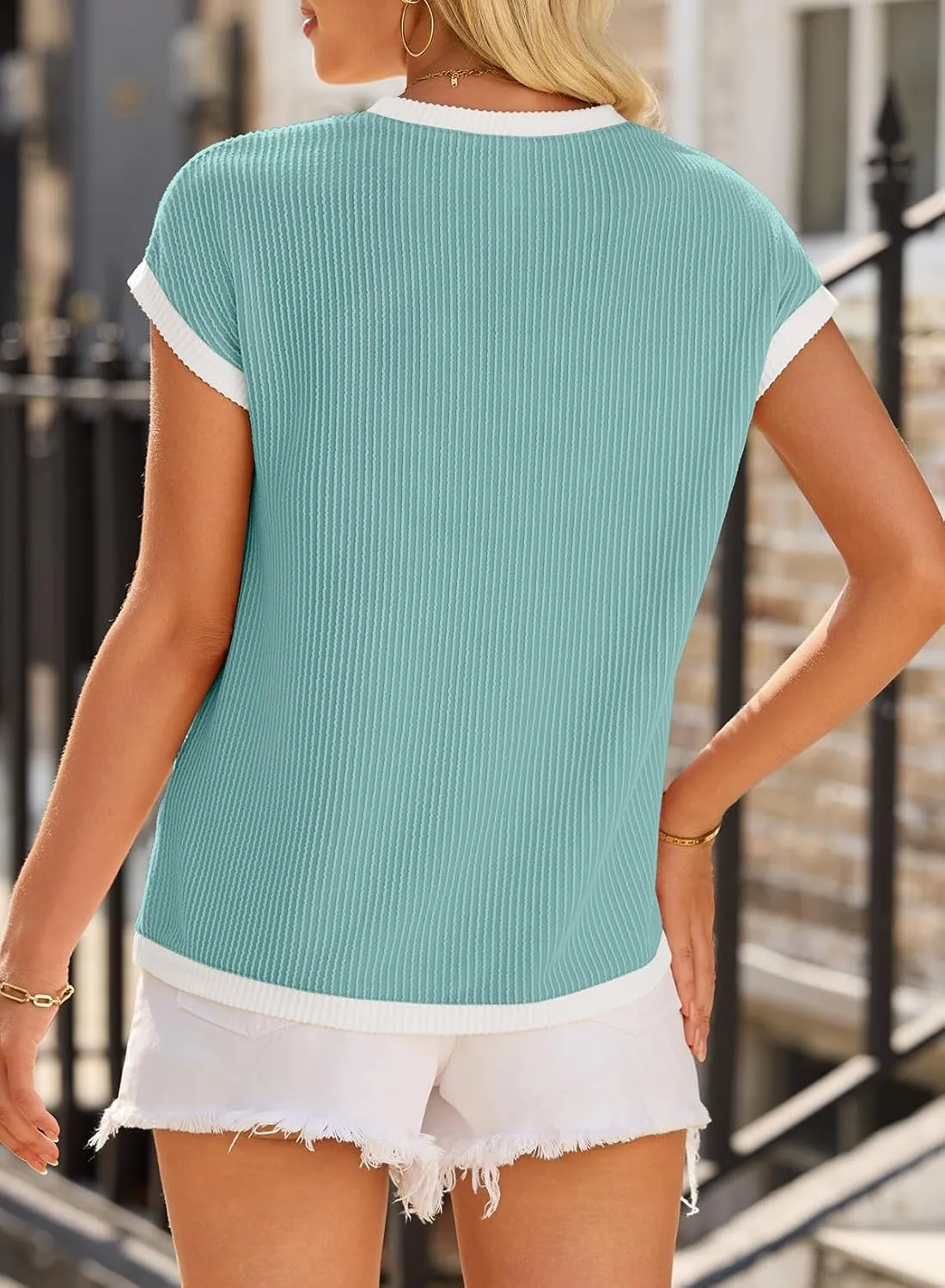 EVALESS Women's Short Sleeve T Shirts Crewneck Color Block Ribbed Knit Tee Blouses 2025 Trendy Summer Tops
