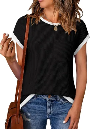 EVALESS Women's Short Sleeve T Shirts Crewneck Color Block Ribbed Knit Tee Blouses 2025 Trendy Summer Tops