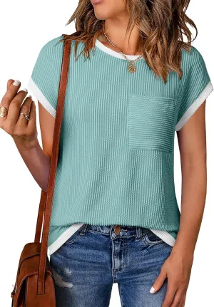 EVALESS Women's Short Sleeve T Shirts Crewneck Color Block Ribbed Knit Tee Blouses 2025 Trendy Summer Tops